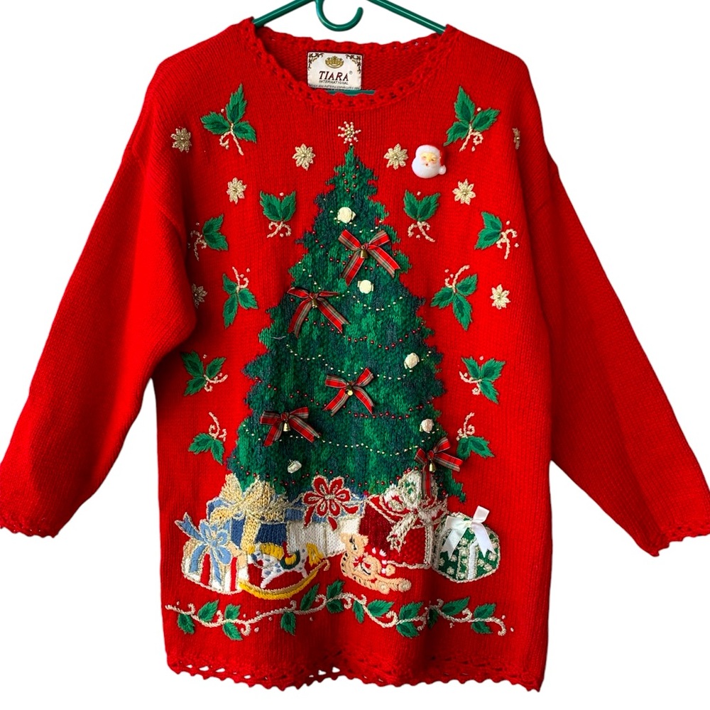 Tiara International Red Christmas Tree Vintage Sweater with Bows and Bea…